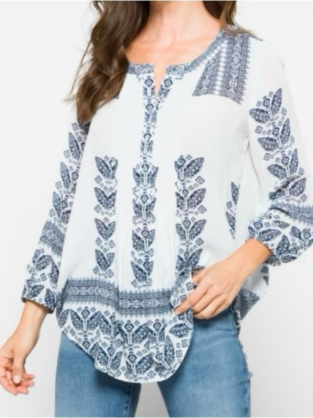 Daniel Rainn Boho Peasant Top Pin Tucks Pleated Blue White Semi Sheer Blouse M